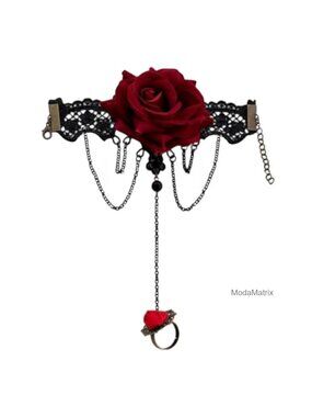 Vintage Gothic Black Lace Ring Bracelet with Red Rose Hand Jewelry